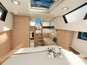 FJORD 41 XL | The master cabin can be enhanced with a dressing room or working area, and closed off with a soundproof sliding door. | Fjord