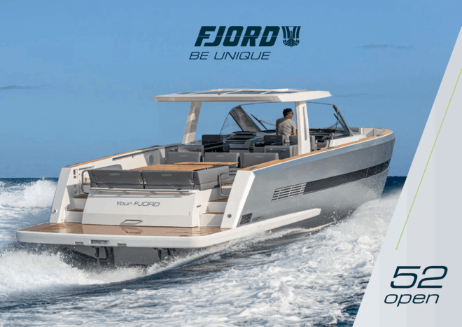Fjord 52 open brochure | Imagine the vigorous signature design of a FJORD powerboat in a size that takes liveability onboard to another level. Fancy a FJORD with unknown luxury, power and space. The boat you are dreaming of is the FJORD 52 open! | Fjord