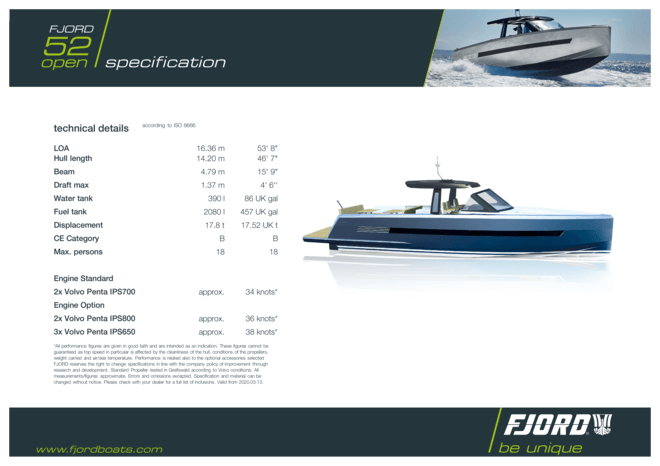 Fjord 52 open | Standard Specification | Fjord